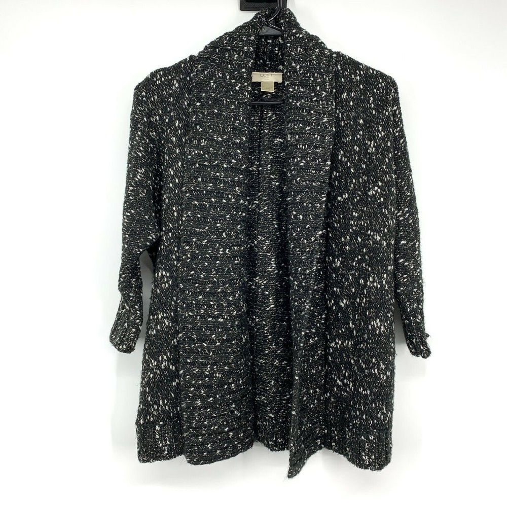 LOFT Cardigan Sweater Black White Metallic Rib Knit Open Front